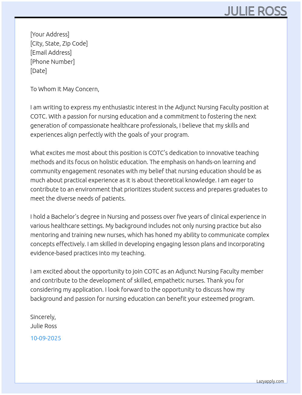 Cover letter for adjunct nursing faculty - LazyApply