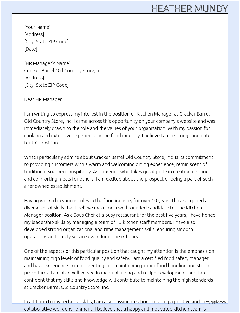 Kitchen Manager At Cracker Barrel Old Country Store, Inc. Cover Letter