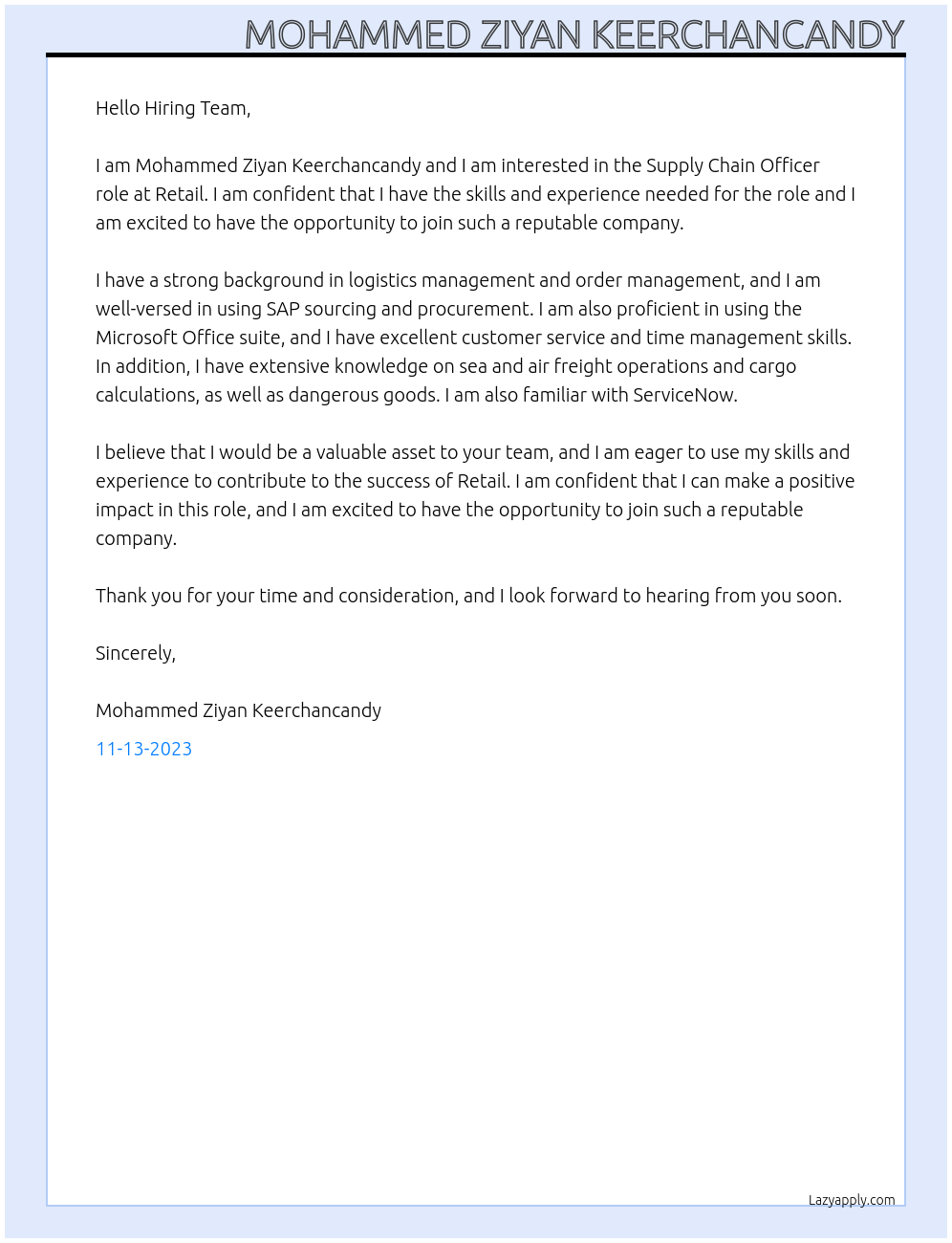 Supply chain officer At Retail Cover Letter