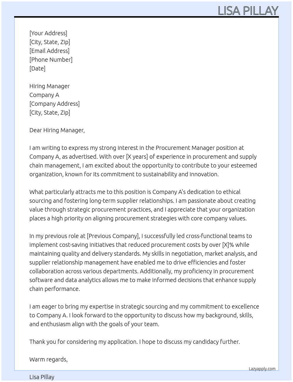 Cover letter for procurement manager - LazyApply