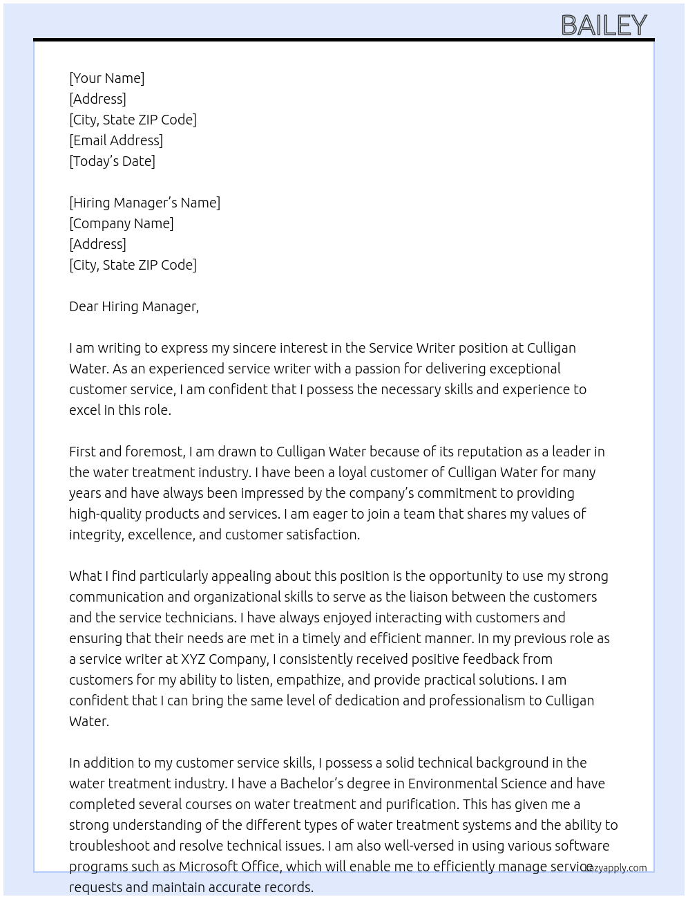 Service Writer  At Culligan water  Cover Letter