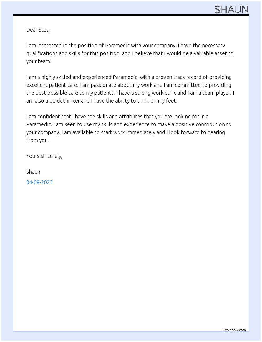 Paramedic  At Scas Cover Letter