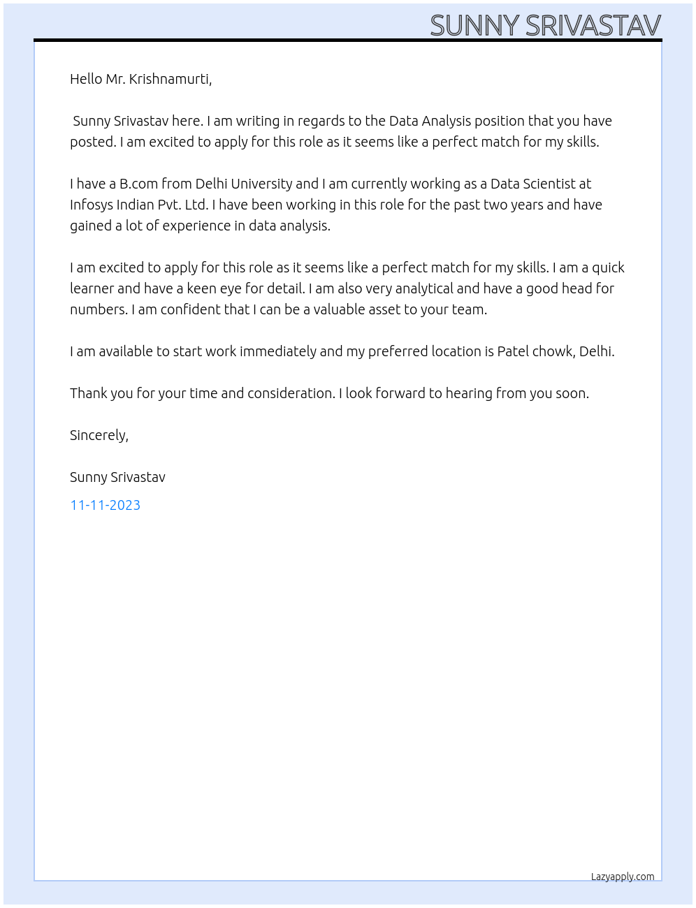 Data analysis At Infosys Indian Pvt. Ltd. Cover Letter