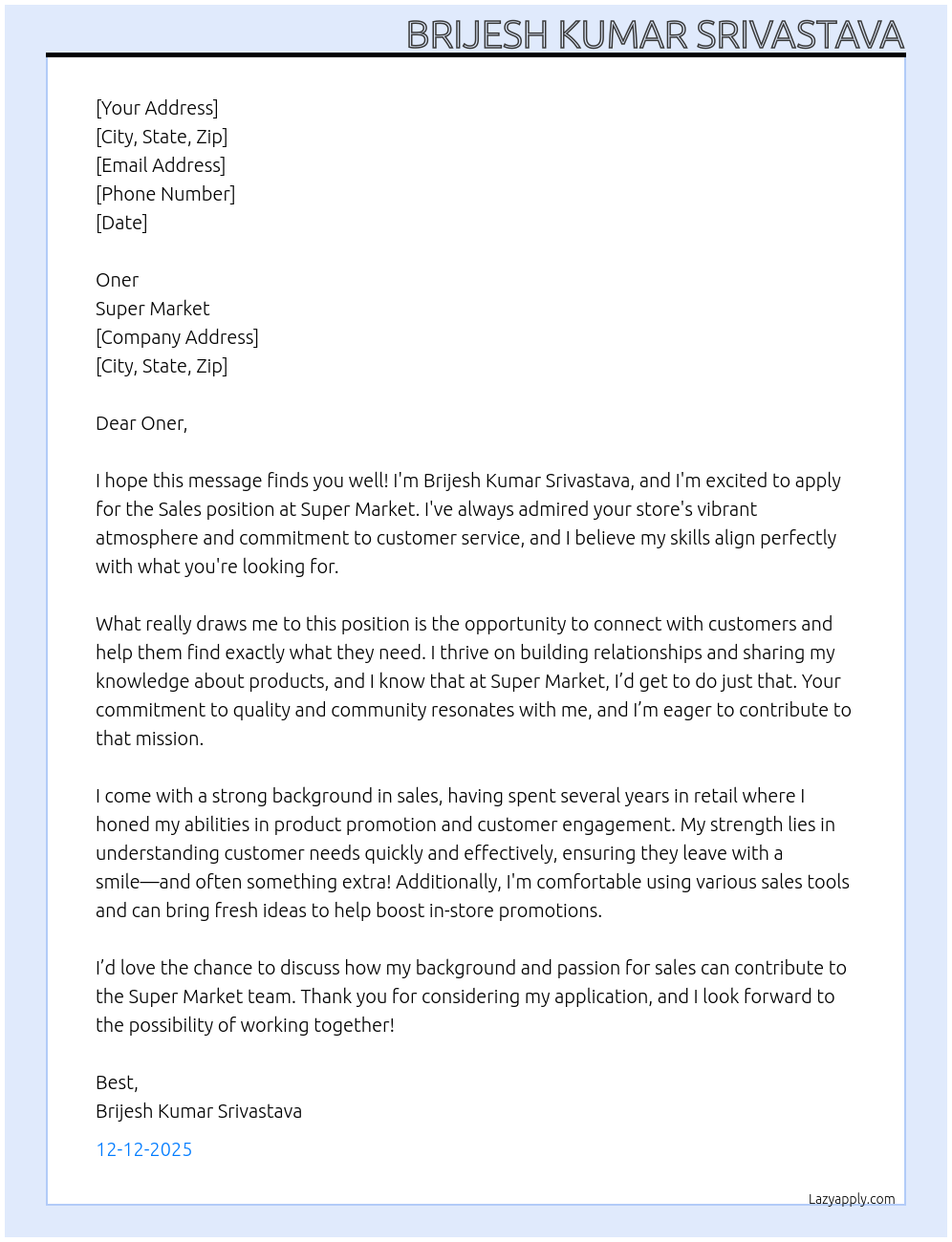 Sales At SUPER MARKET  Cover Letter