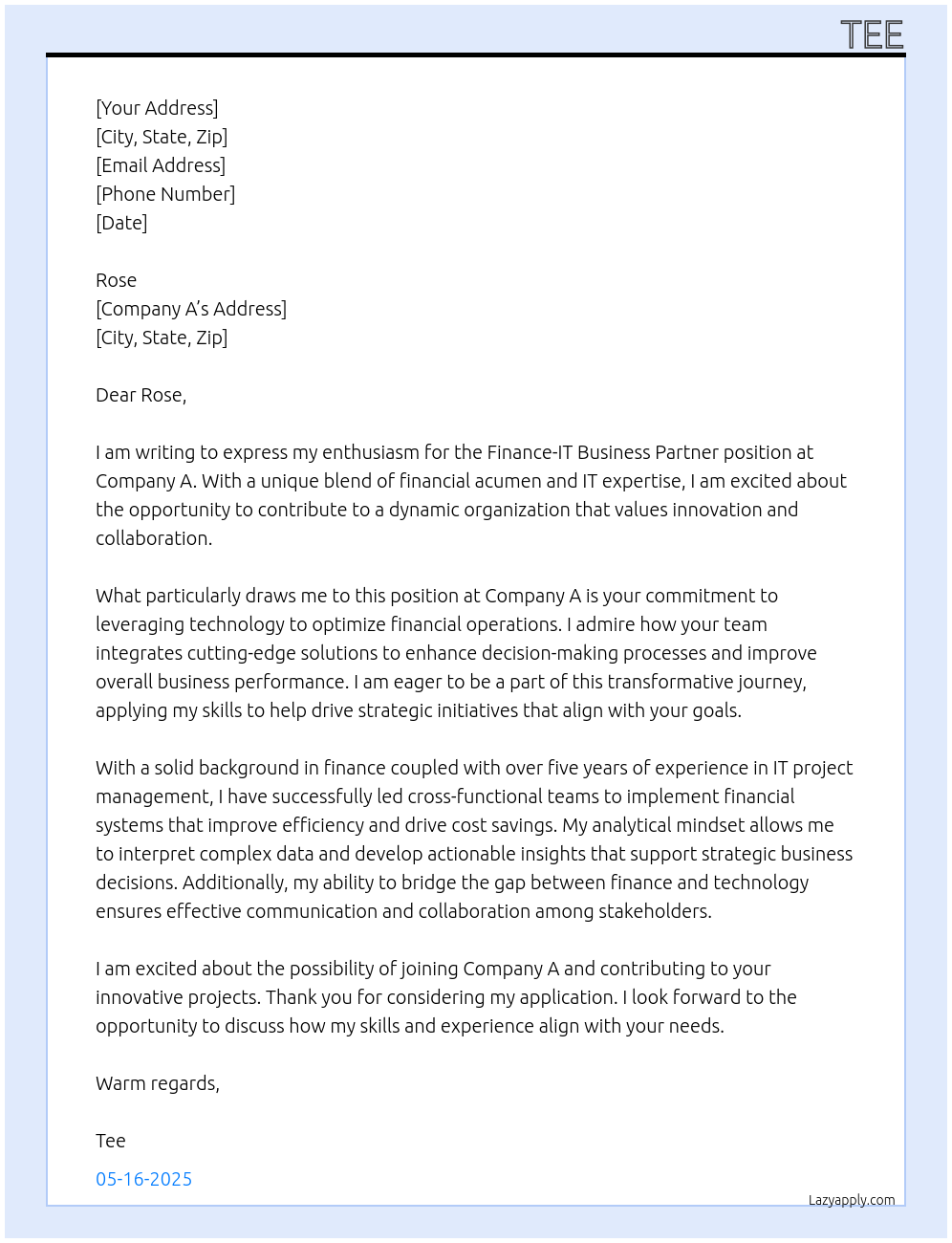 Fiannce-IT Business Partner At A Cover Letter