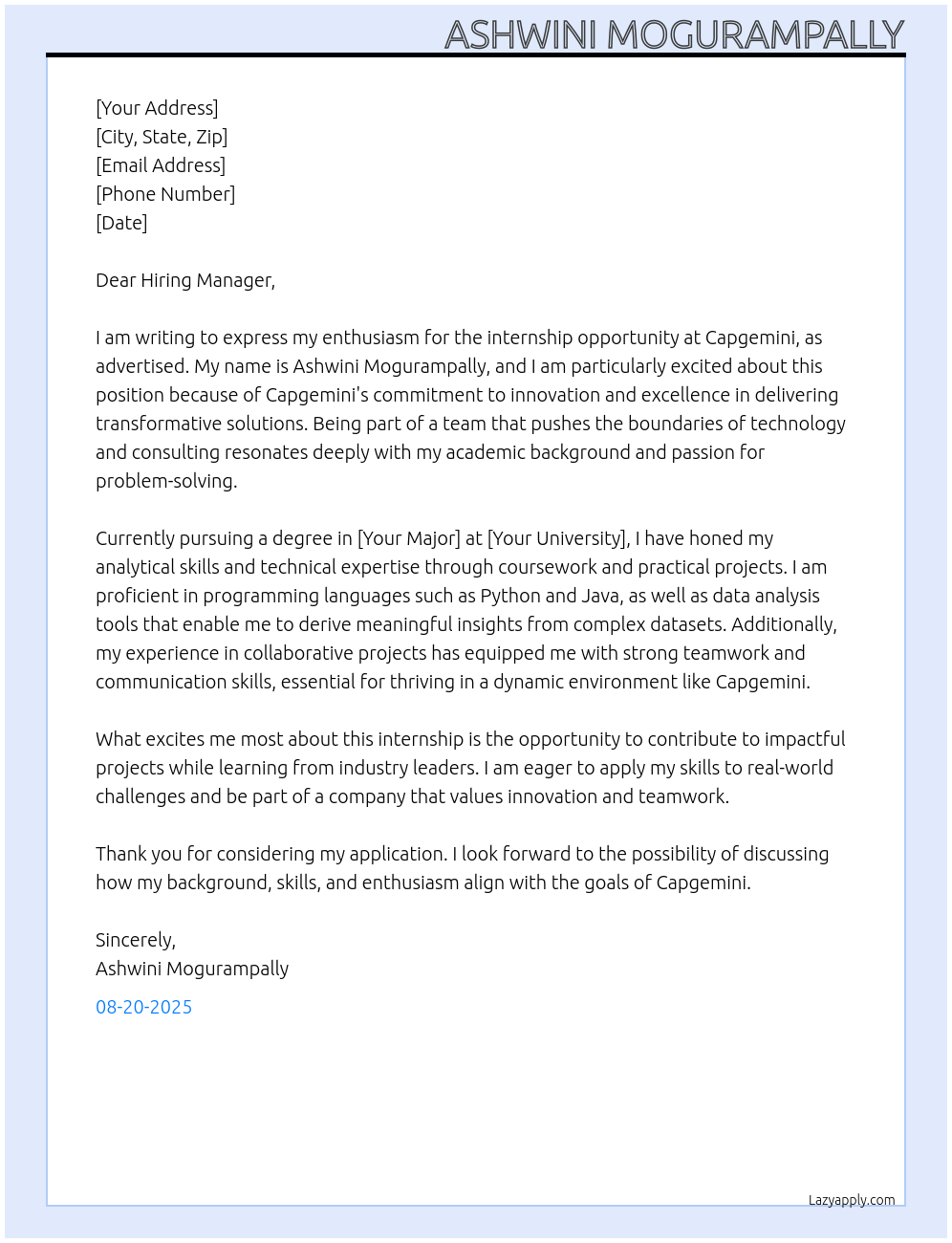 internship At Capgemini Cover Letter