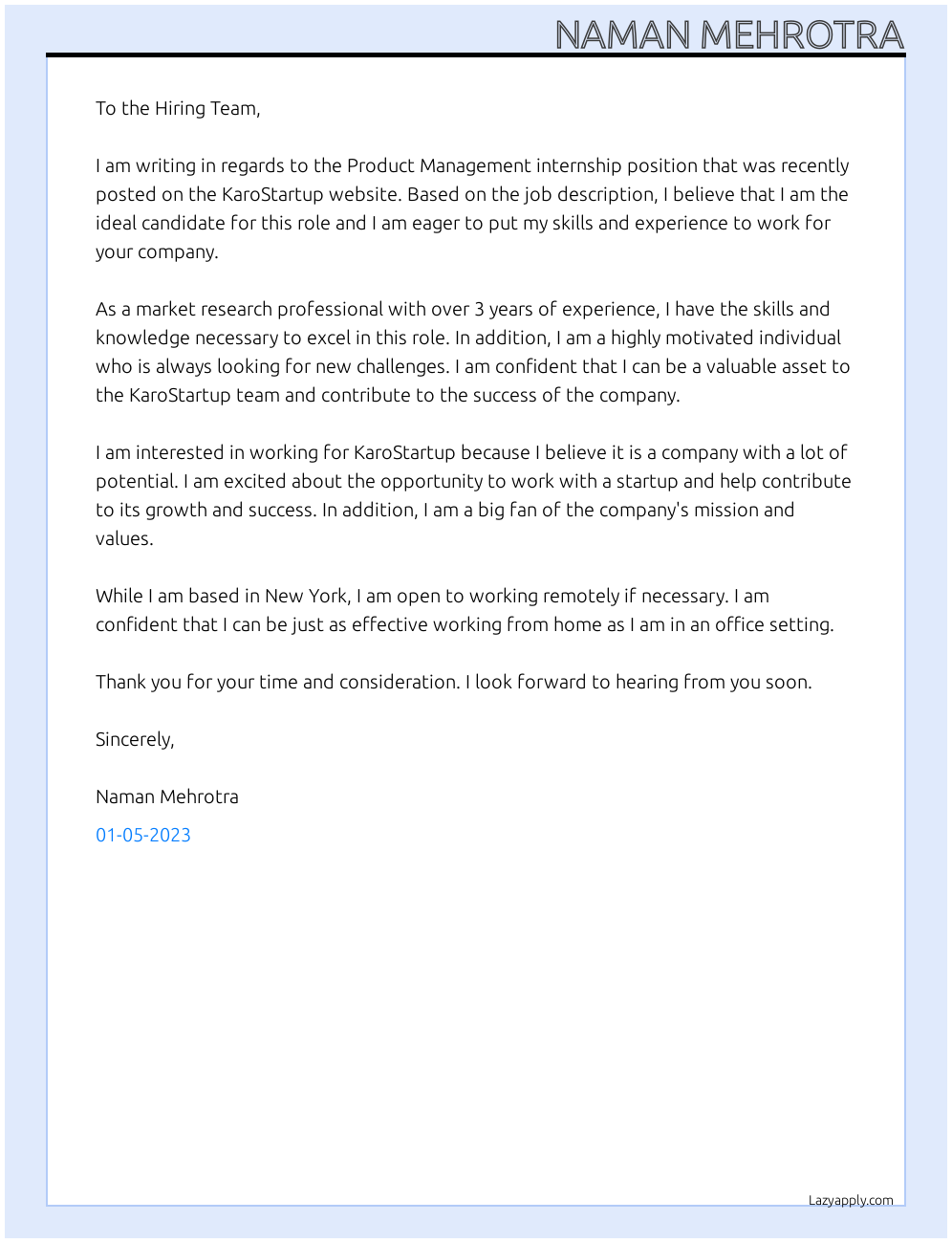 Product Management internship At KaroStartup Cover Letter