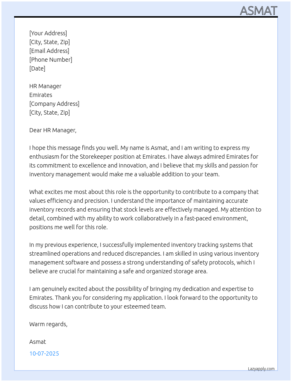 Storekeeper At Emirates Cover Letter