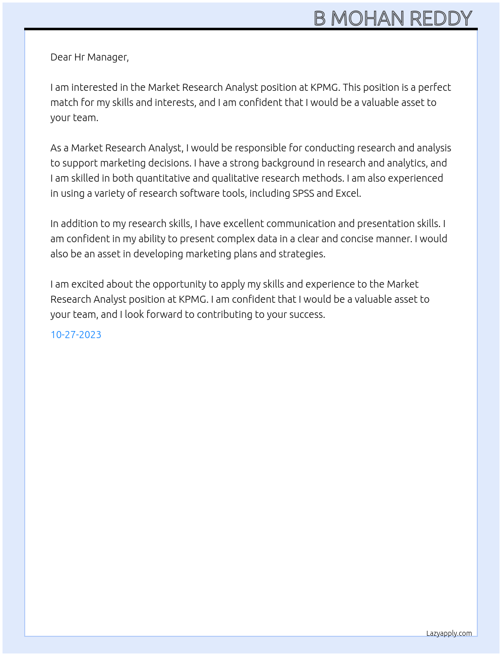 Market Research Analyst At KPMG Cover Letter