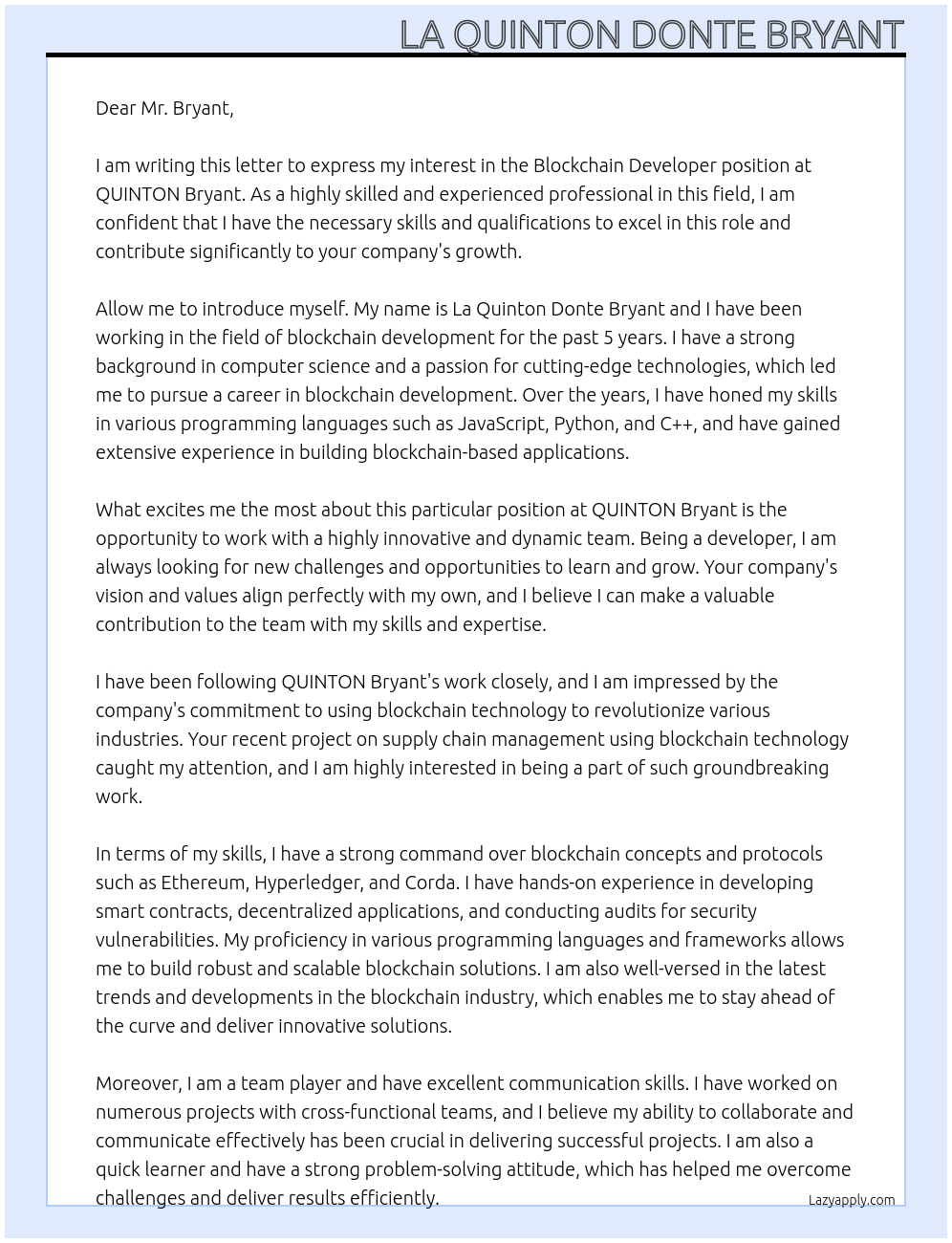 Blockchain developer At QUINTON Bryant Cover Letter