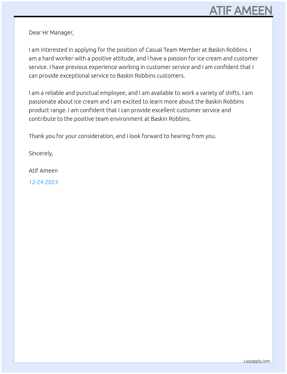 Casual Team Member At Baskin robbins Cover Letter