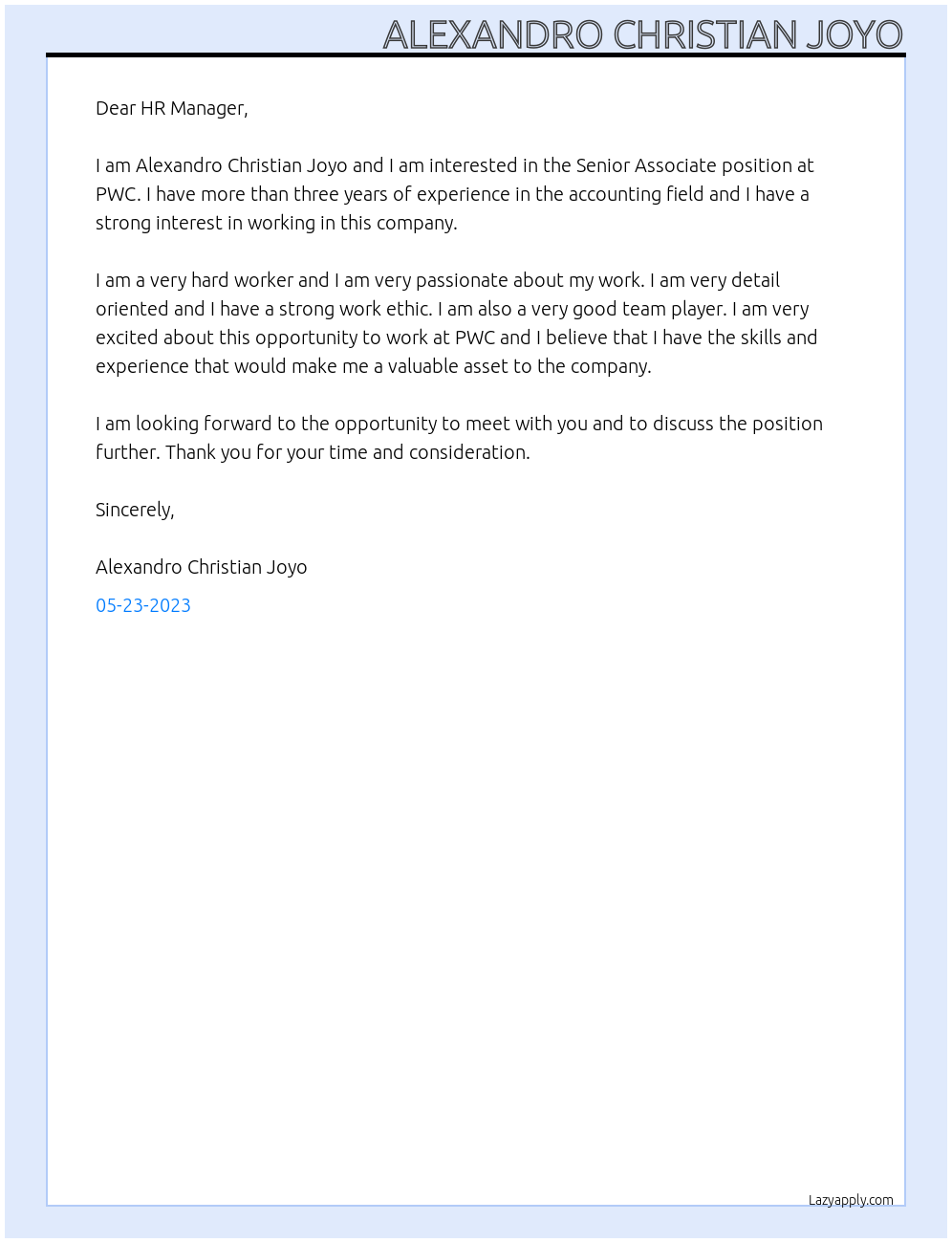 Senior Associate At PWC Cover Letter