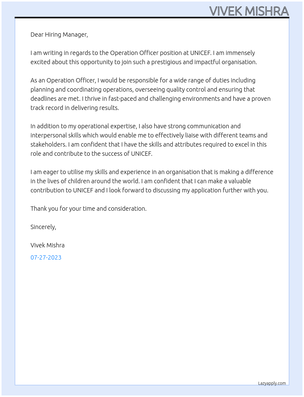 Operation officer At UNICEFHiring  Cover Letter