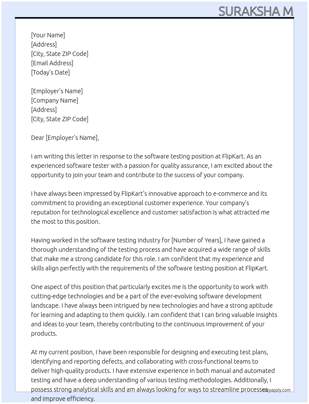 software testing At FlipKart Cover Letter