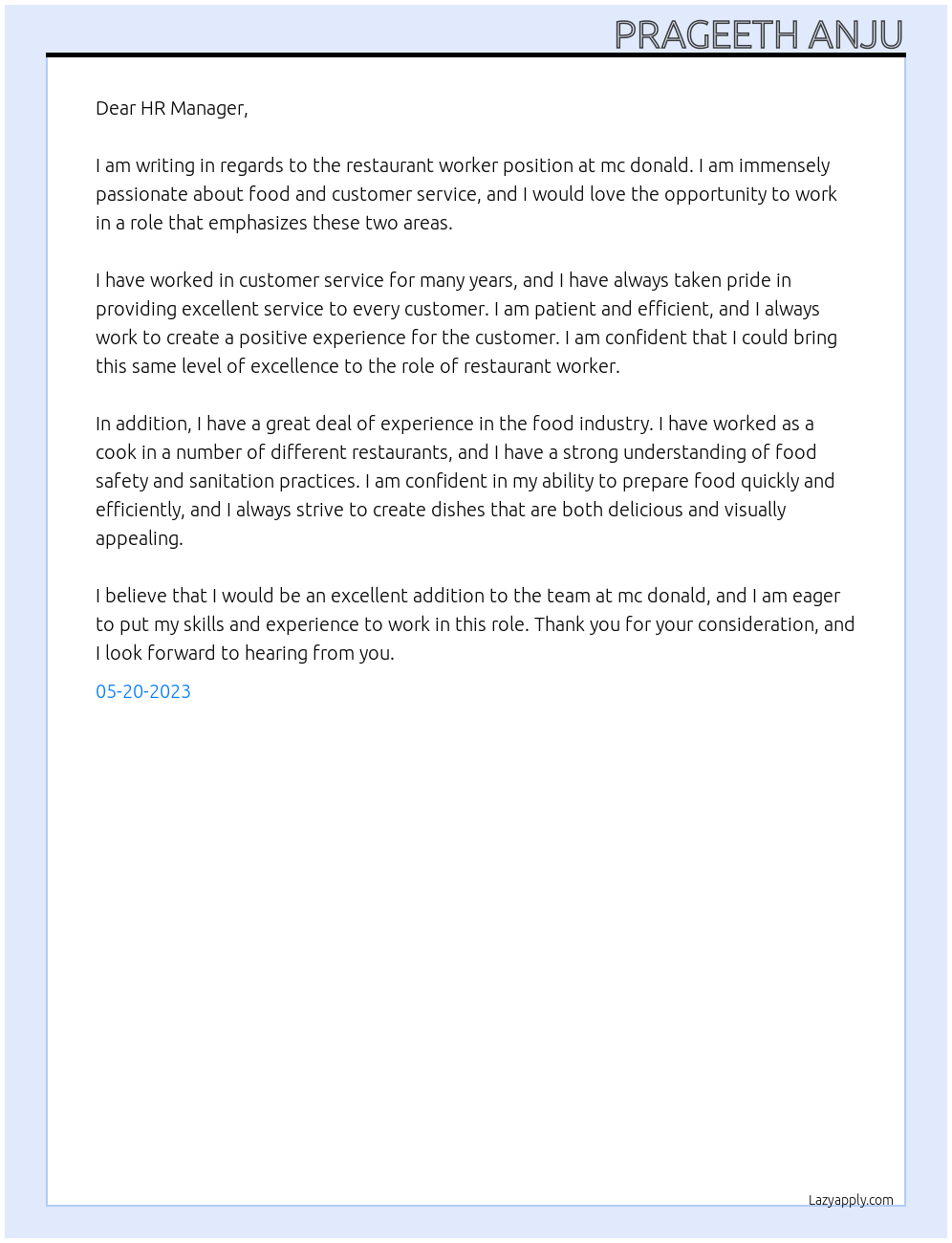 Restaurant worker At mc donald Cover Letter