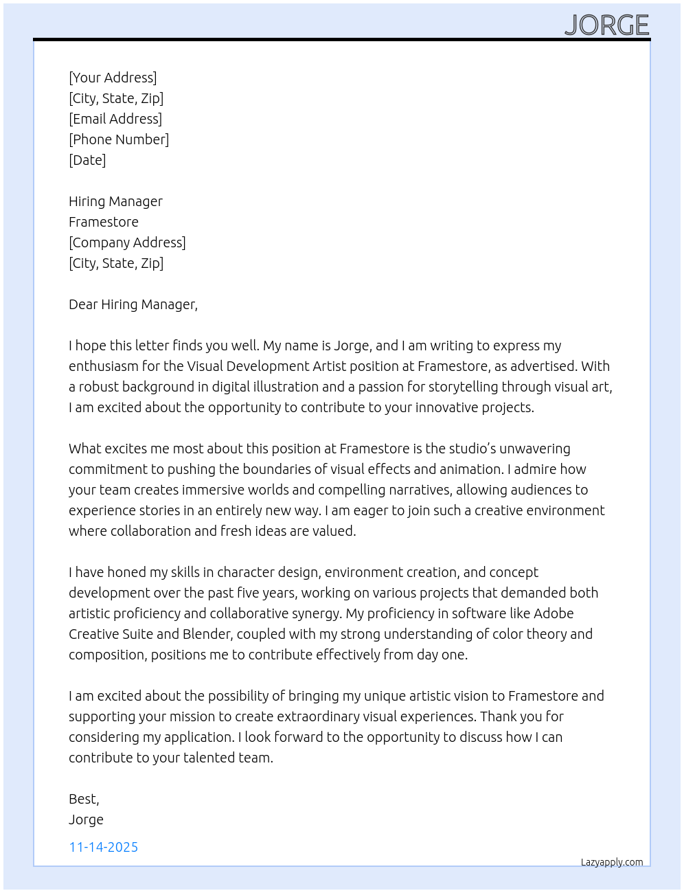 Visual development artist At Framestore Cover Letter