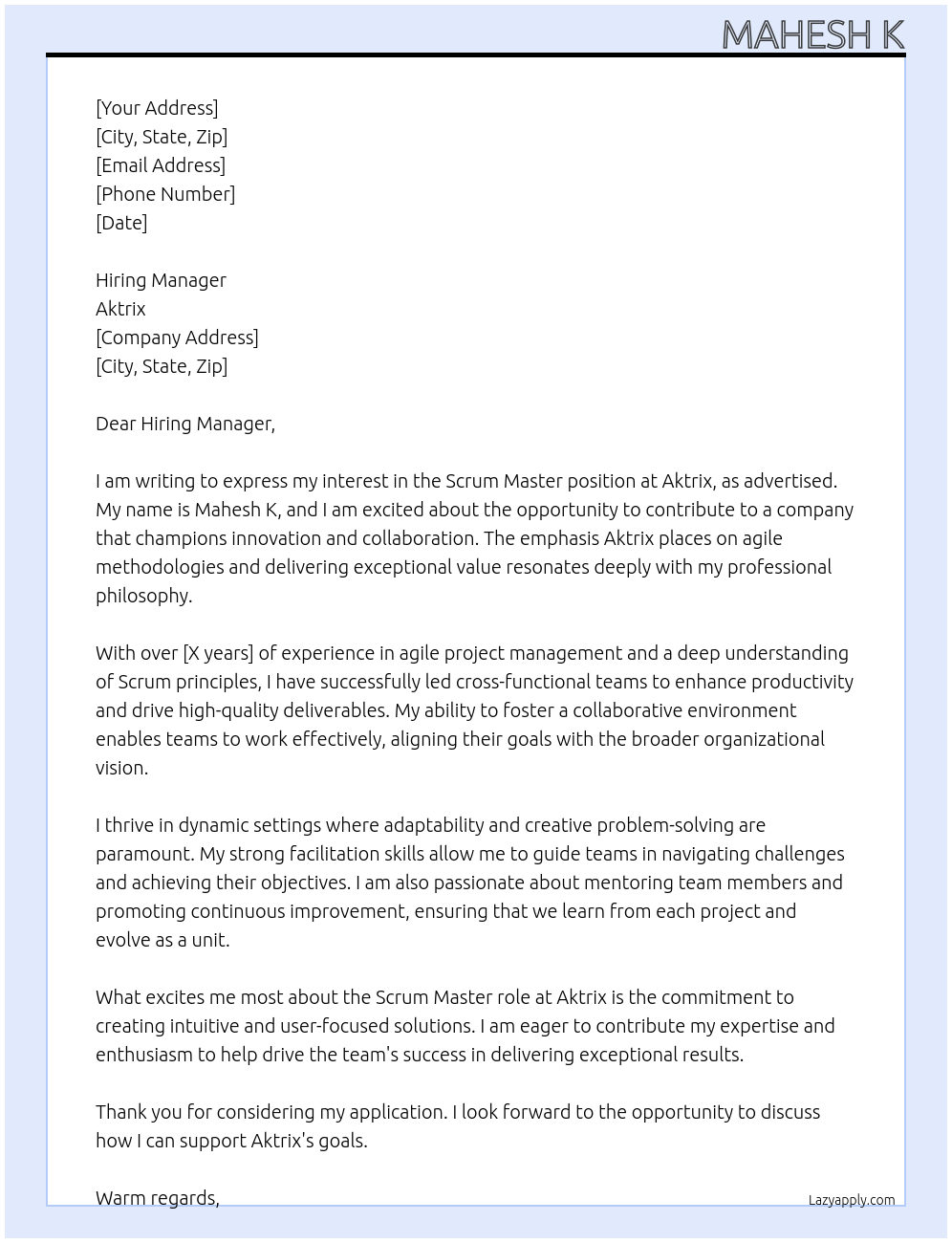 Cover letter for scrum master - LazyApply