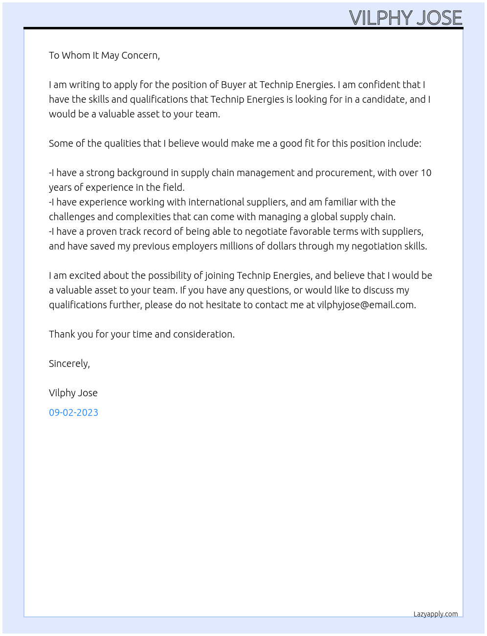 Buyer At Technip Energies Cover Letter