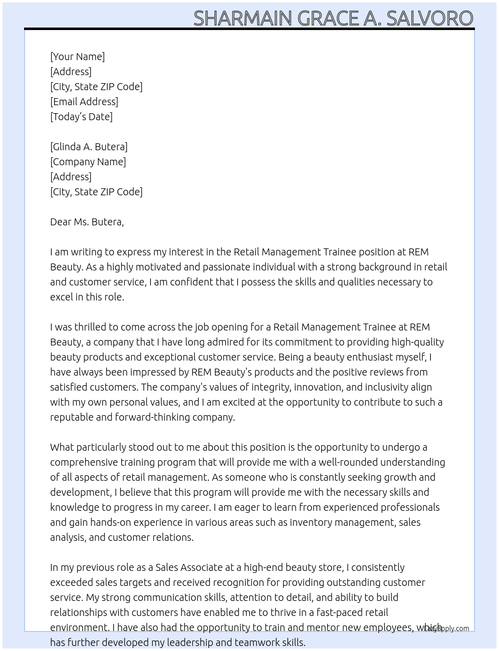 Retail Management Trainee At REM Beauty Cover Letter