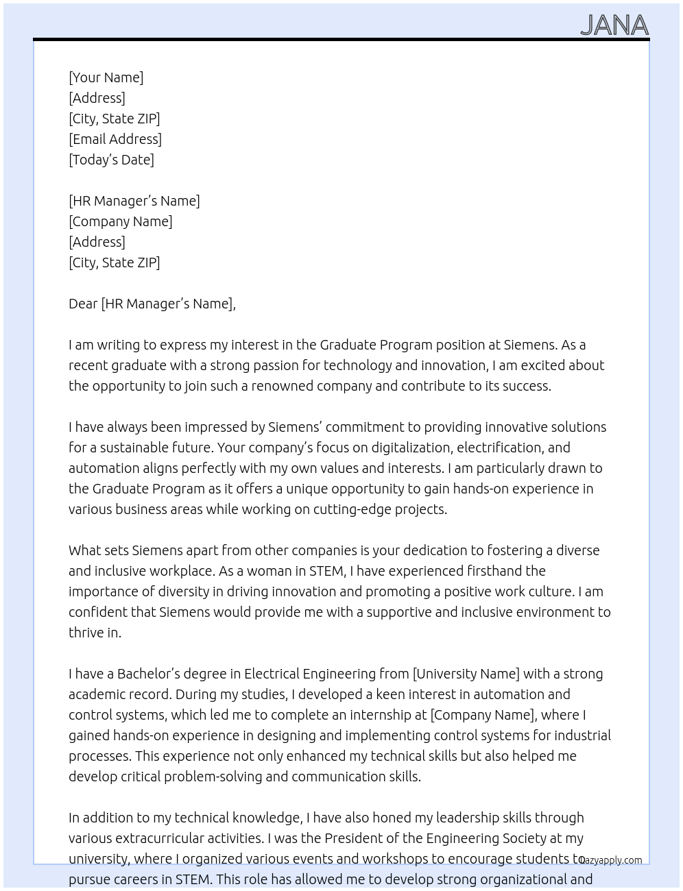 graduate program  At siemens Cover Letter