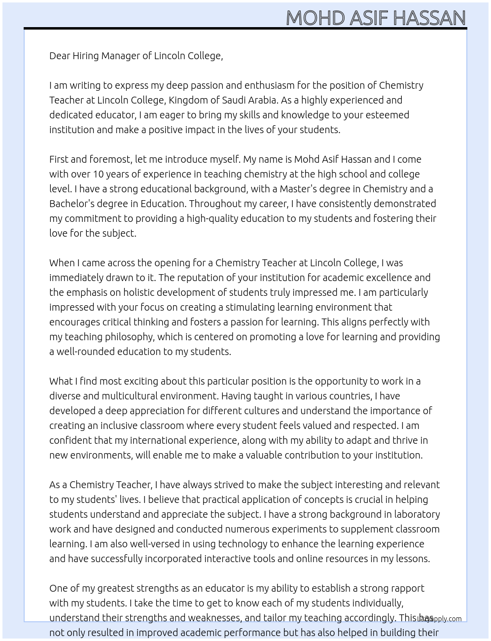 chemistry teacher At LINCOLN COLLEGE KINGDOM OF SAUDI ARABIA Cover Letter