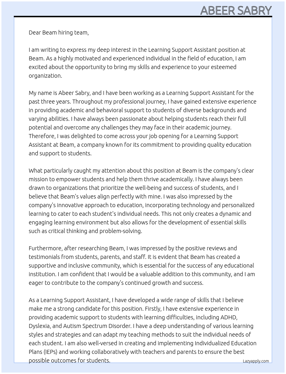 Learning Support Assistant At Beam Cover Letter