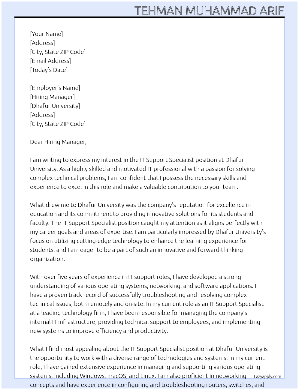 IT Support Specialist At Dhafur University Cover Letter