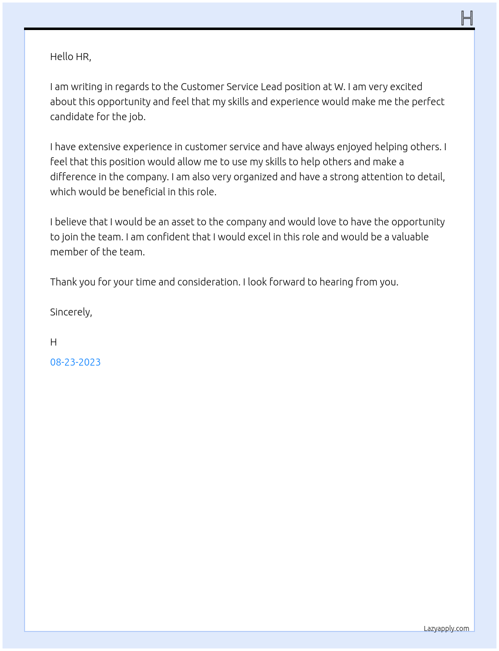 Customer service lead At W Cover Letter
