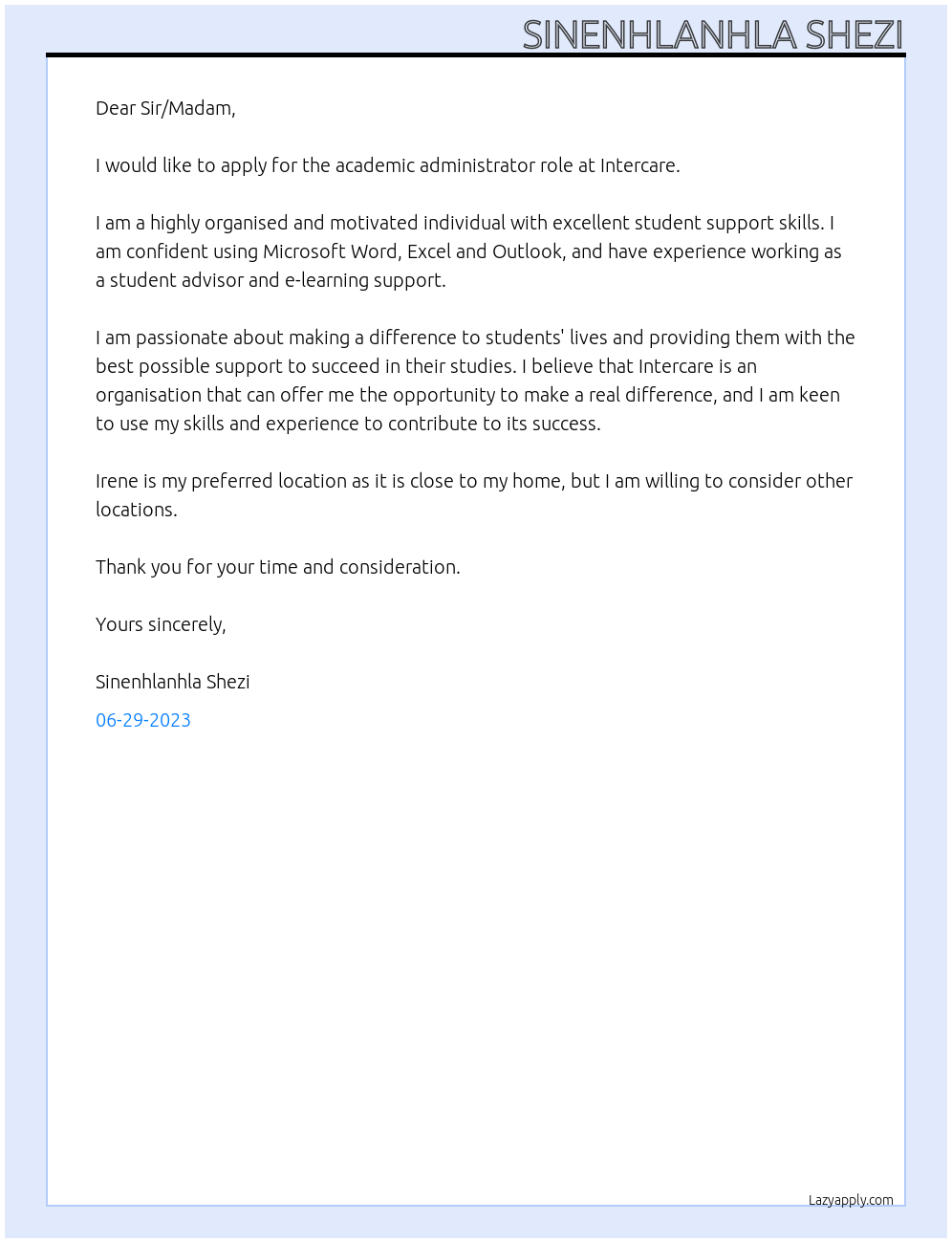 Academic administrator At Intercare Cover Letter