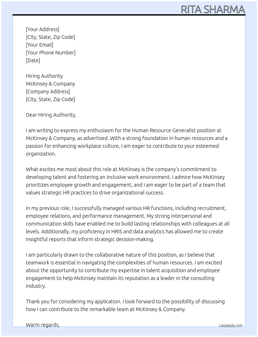 Cover letter for human resource generalist - LazyApply