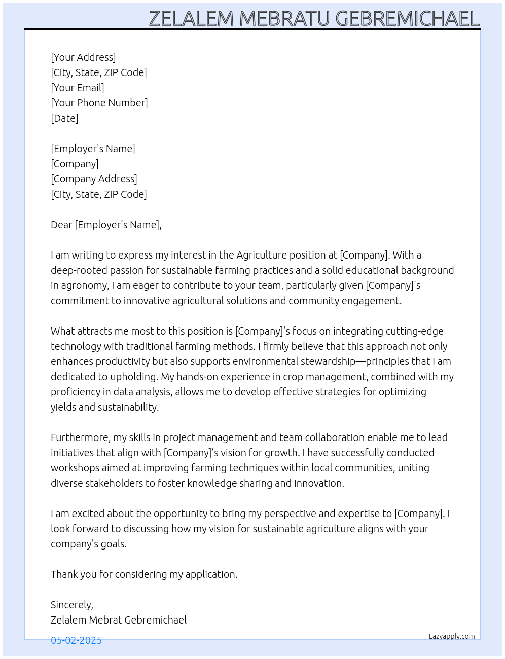 Agriculture At company Cover Letter