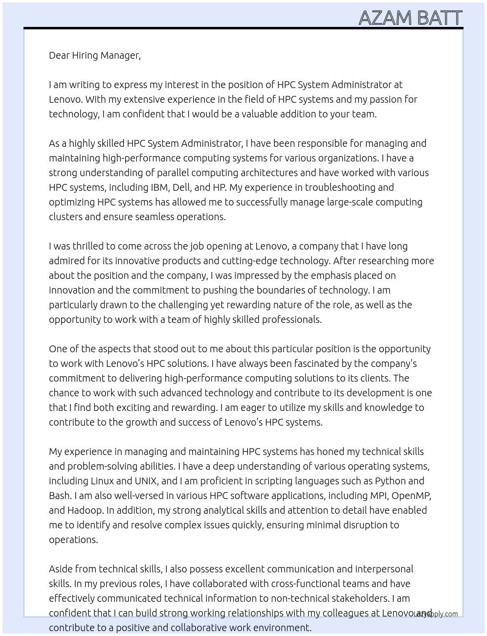 HPC System Administrator At lenovo Cover Letter