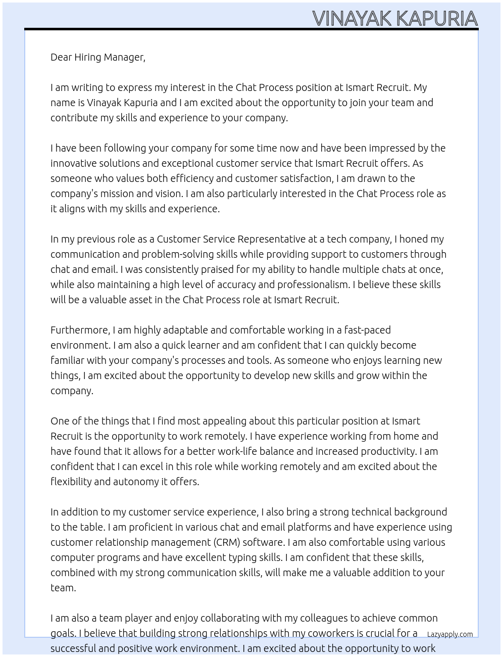 Chat process  At Ismart recruit Cover Letter