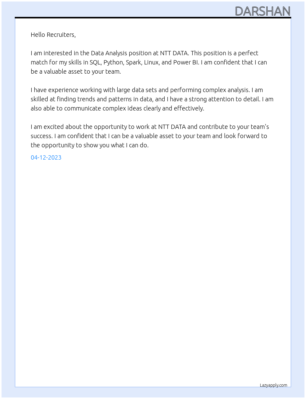 Data analysis At NTT DATA Cover Letter