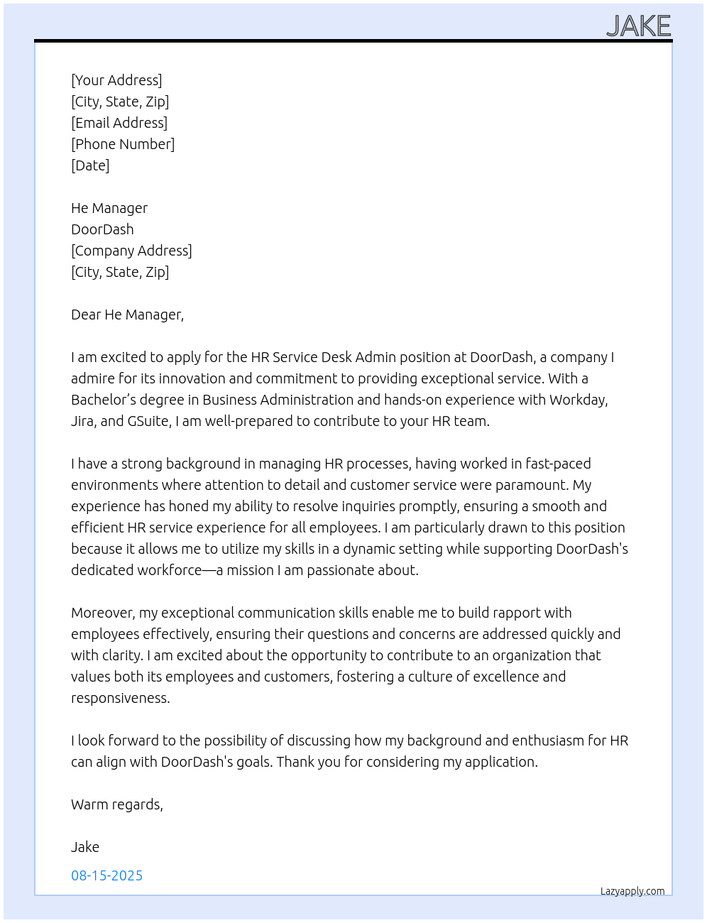 HR Service Desk Admin At Doordash Cover Letter