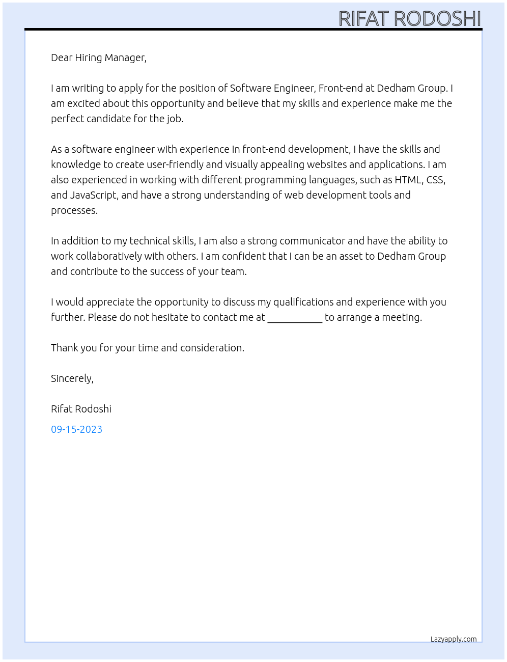 Software Engineer, Front-end At Dedham Group Cover Letter