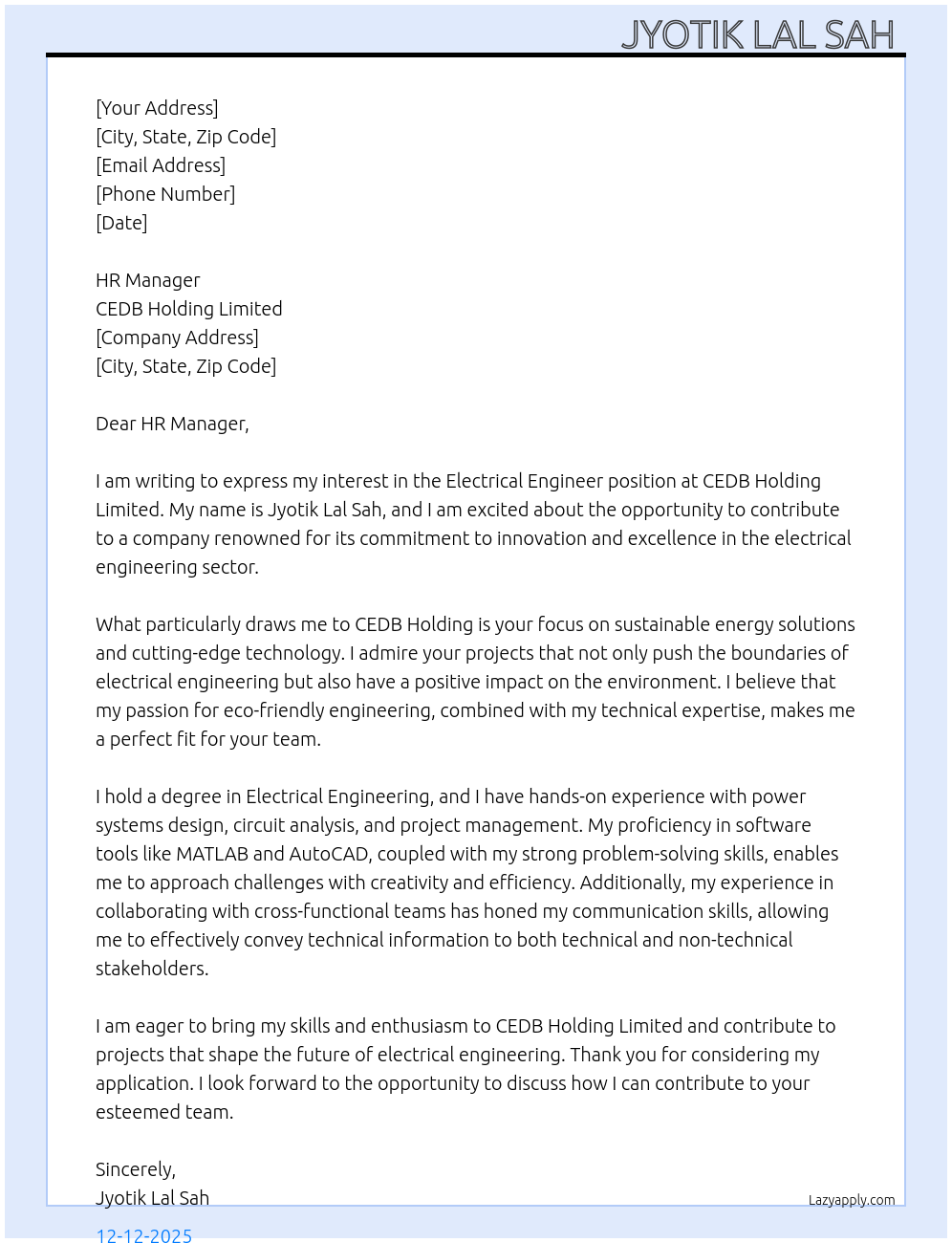Cover letter for electrical engineer - LazyApply