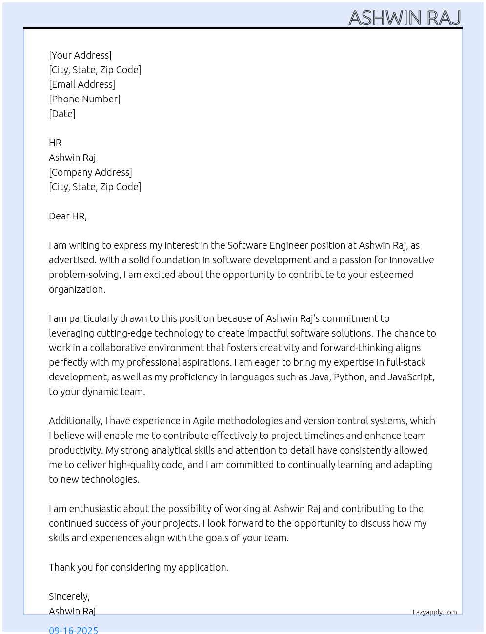 software engineer At Ashwin Raj Cover Letter