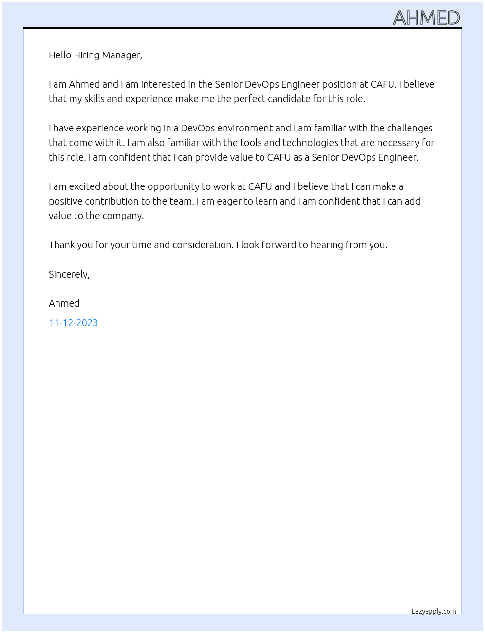 Senior DevOps Engineer At CAFU Cover Letter