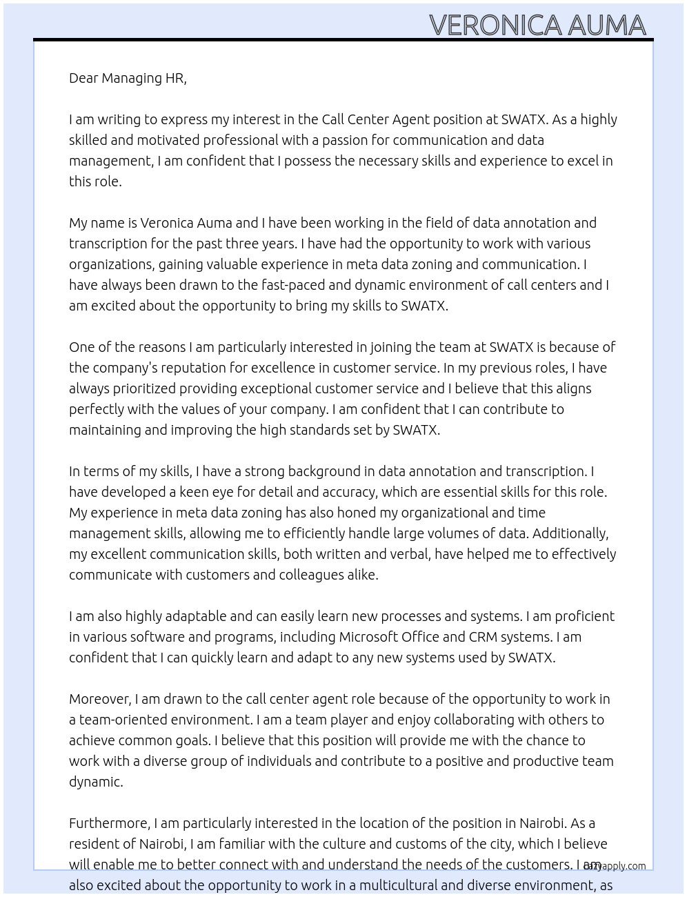 Call center agent At SWATX Cover Letter