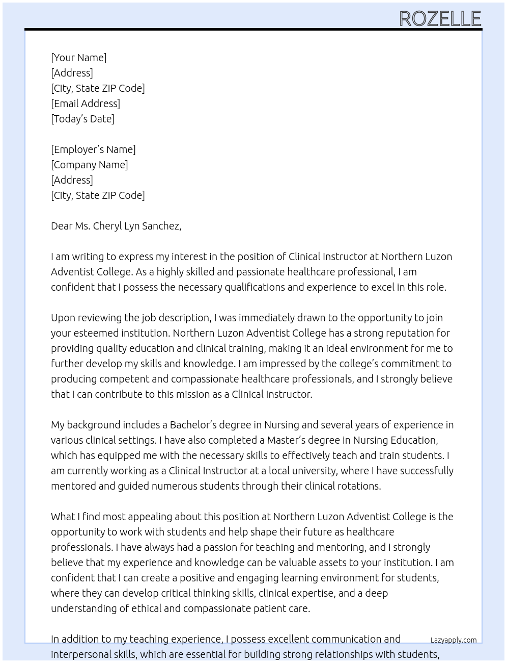 Clinical Instructor  At Northern Luzon Adventist College  Cover Letter