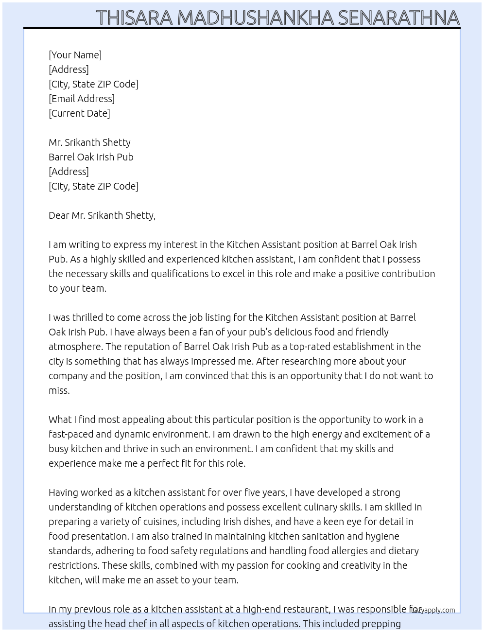 Kitchen Assistant At BARREL OAK IRISH PUB Cover Letter