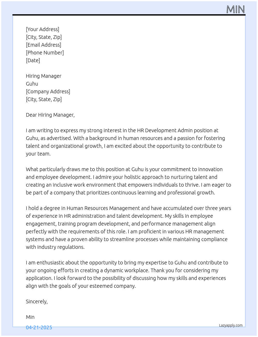 Cover letter for hr development admin - LazyApply