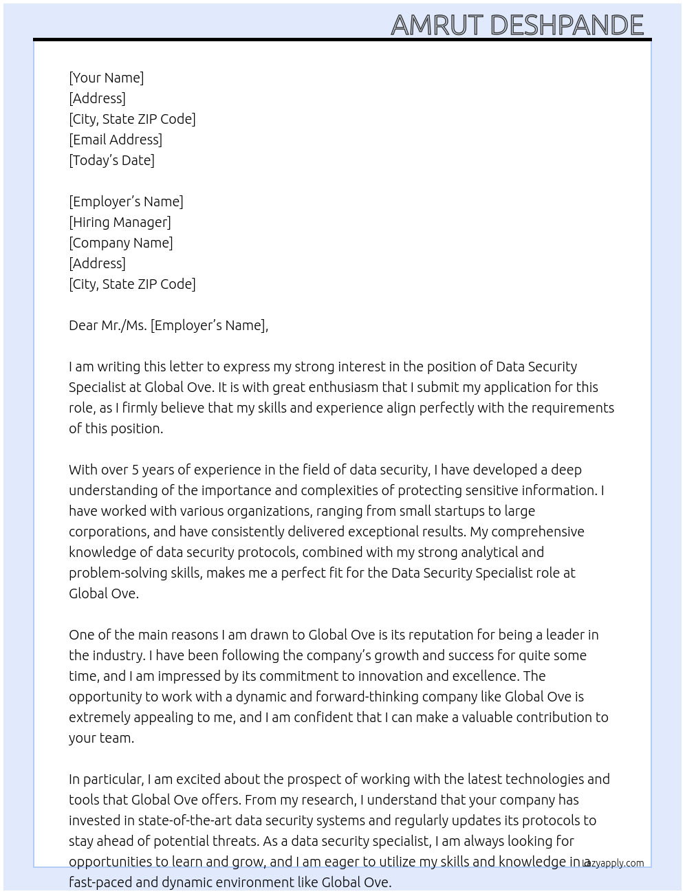 Cover letter for data security specialist - LazyApply