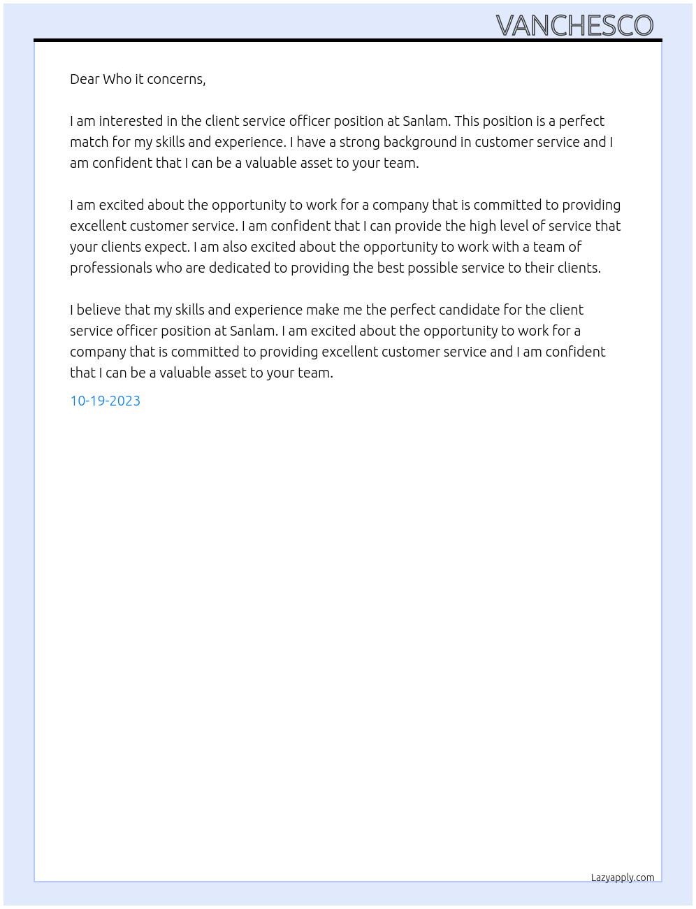 Client service officer At Sanlam Cover Letter