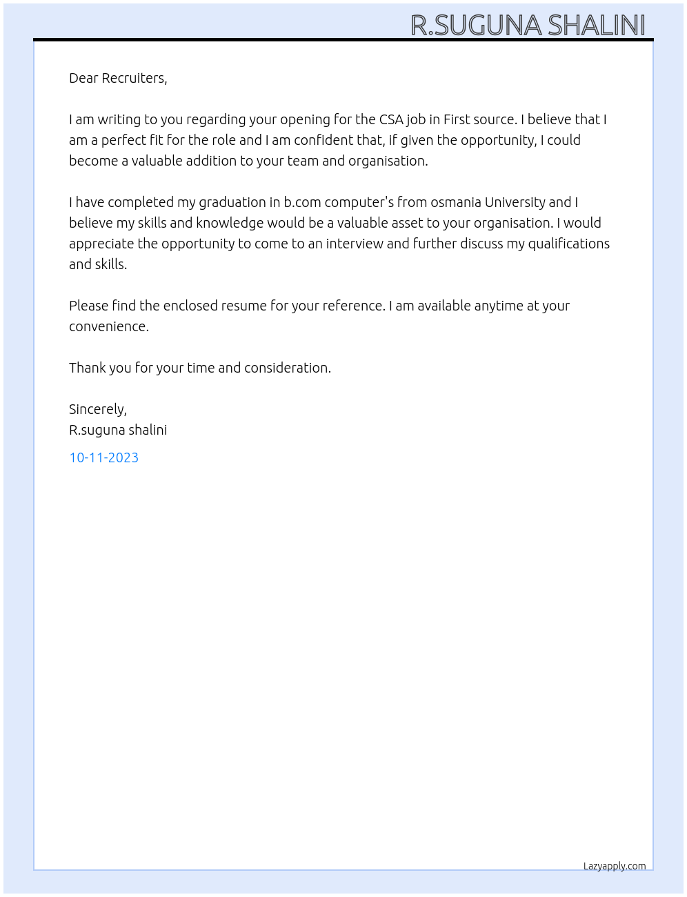 CSA At First source company  Cover Letter