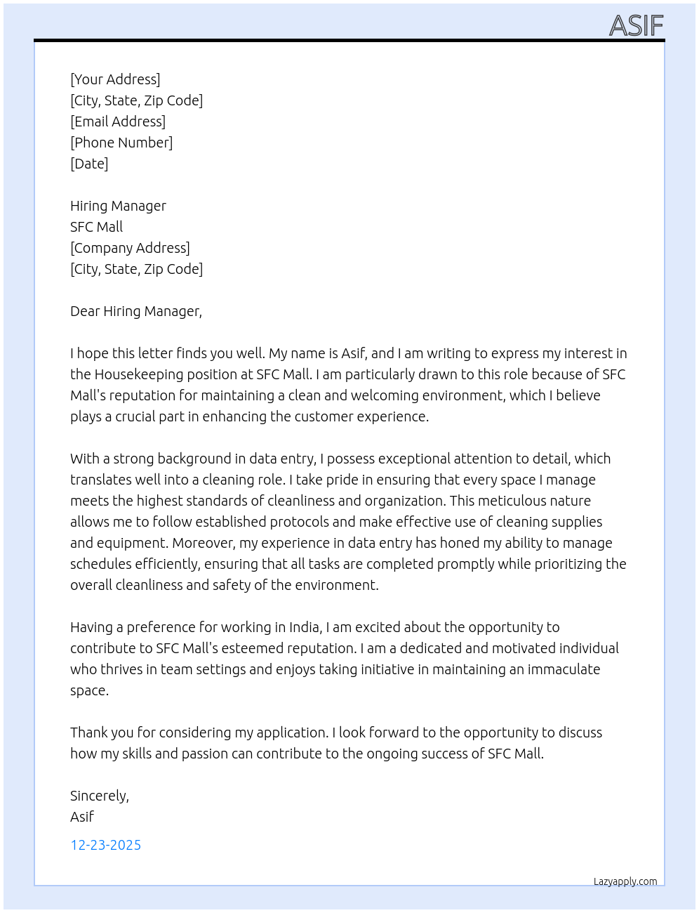 Housekeeping  At SFC Mall Cover Letter