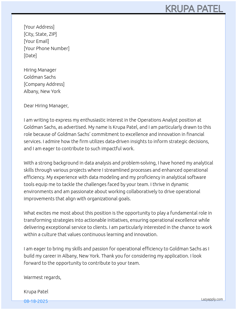 operations analyst At Goldman Sachs Cover Letter