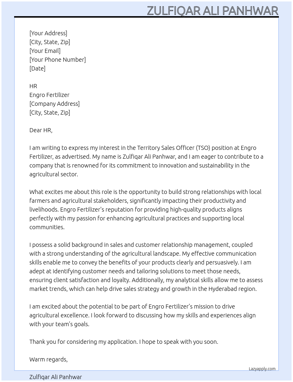 Cover letter for territory sales officer - LazyApply