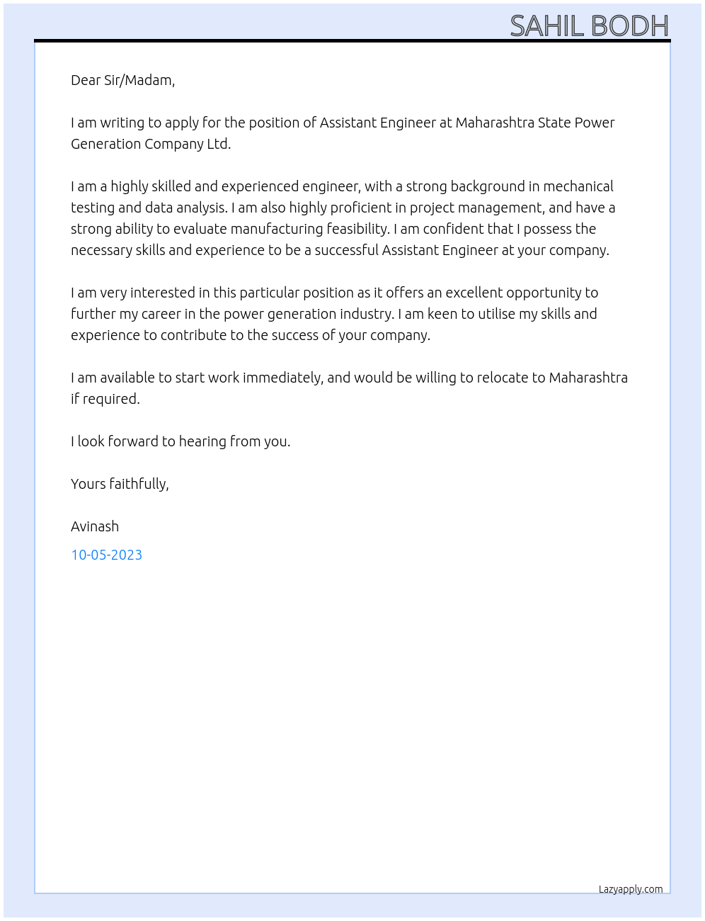 Assistant engineer At Maharashtra State Power Generation Company ltd Cover Letter